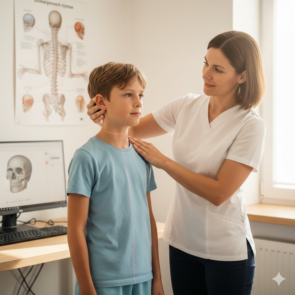 Postural therapist examining a young patient